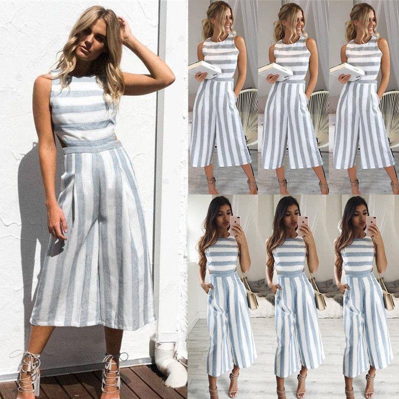 

Women' Jumpsuits & Rompers Women Fashion Summer O Neck Sleeveless Striped Jumpsuit Romper Ladies Casual Clubwear Wide Leg Pants Outfits, Blue