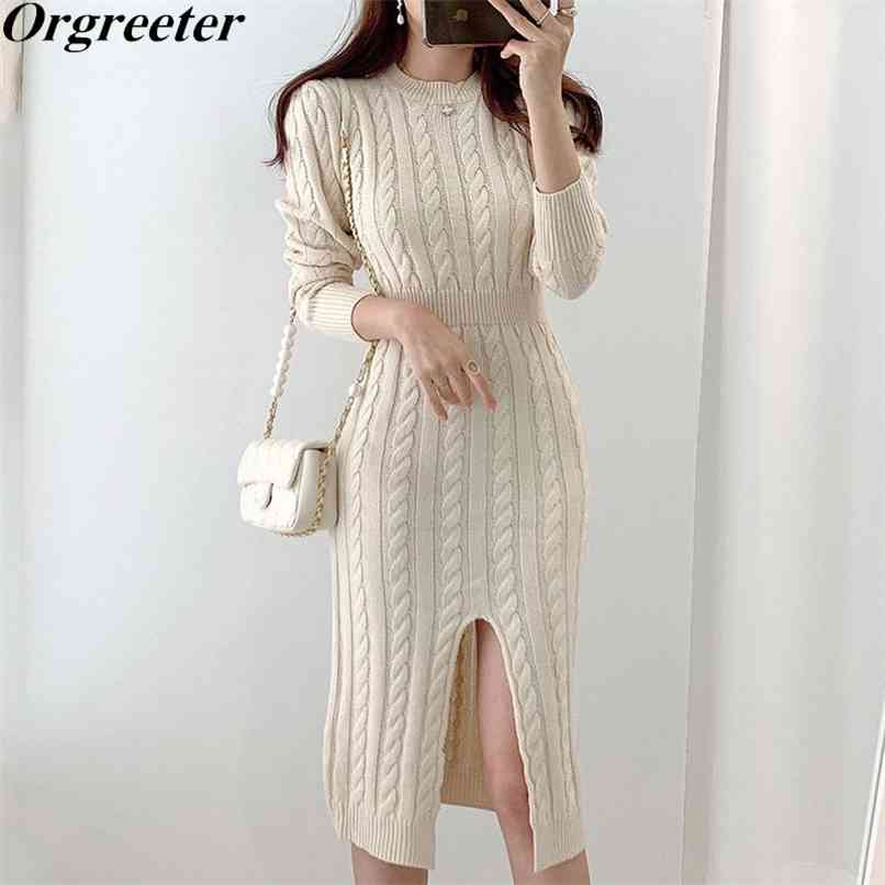 

Chic Spring Fall Elegant O-neck Halter Twist Bottoming Sweater Dress Women Slim High waist Front Split Knit Female 210602, Black