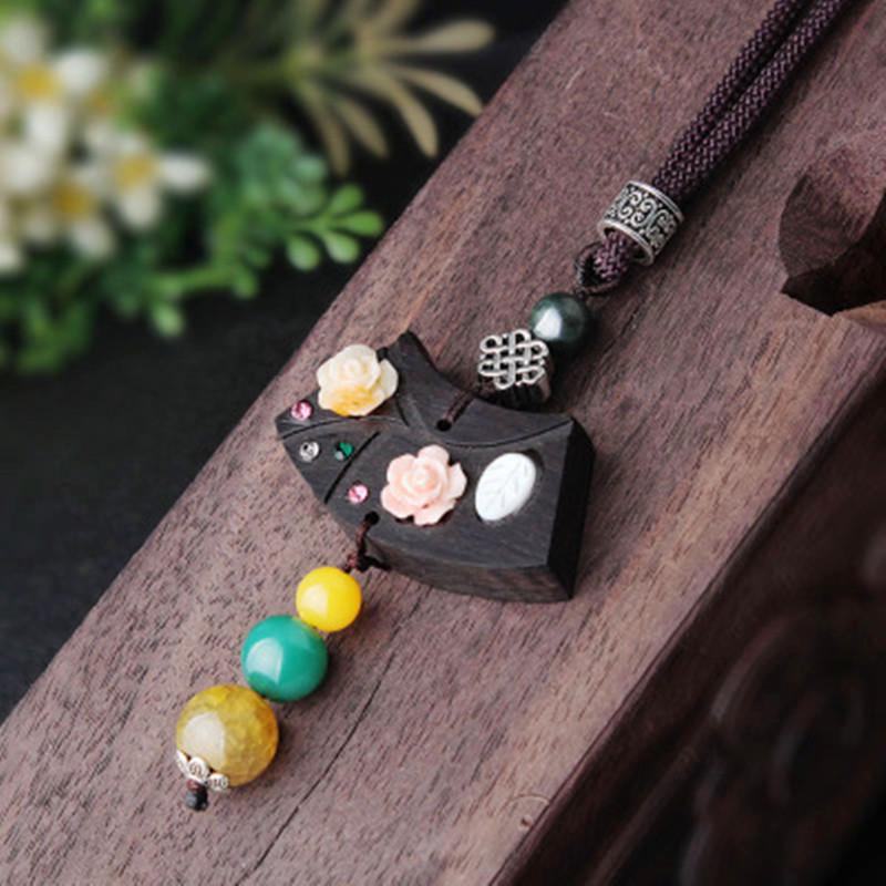 Pendant Necklaces 2021 Ethnic Water Drop Necklace For Women Long Tassel Ebony Sandalwood Inlaid Flower Sweater Chain Gift Souvenir-image-702774304