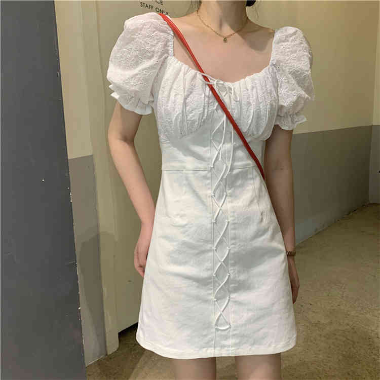 

Sweet Lace Embroidery Stitching Cross Lacing up Puff Sleeve Short Dress Fashion Woman Bodycon White Club Mini Dress 210518, Black