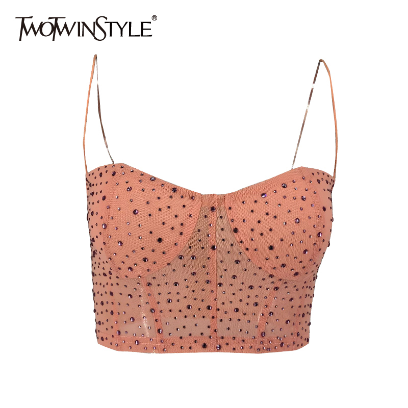 

Sexy Pink Patchwork Diamond Vests For Women Square Collar Short Slim Korean Camis Female Summer Fashion Stylish 210524, Black