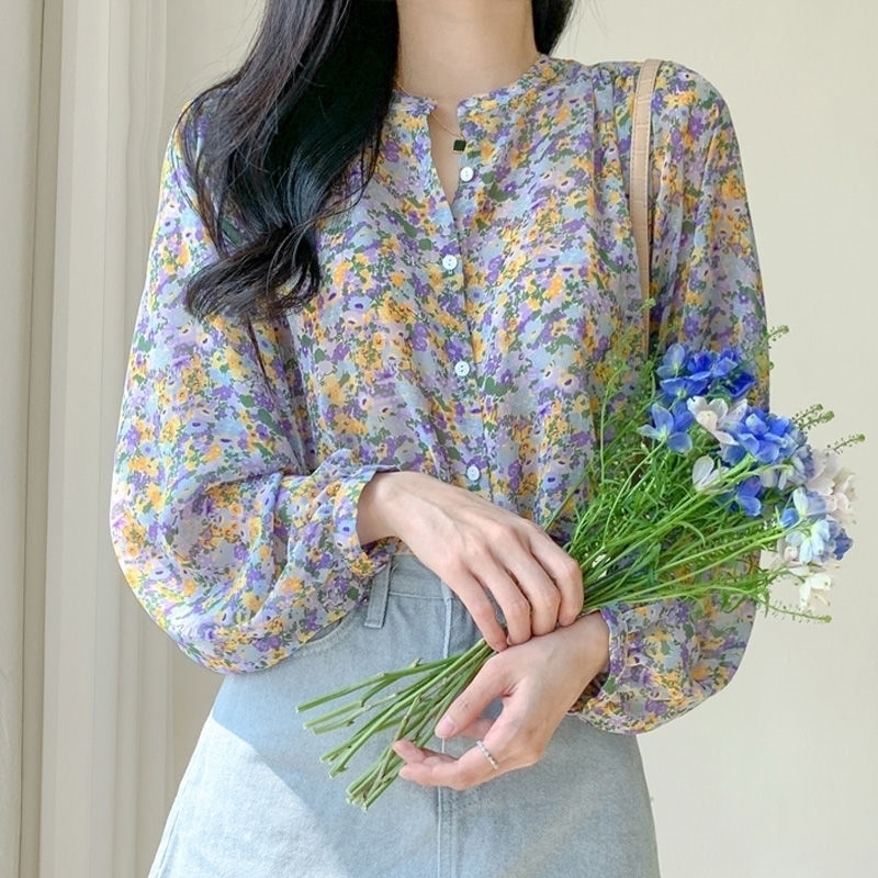 Women's Spring Autumn Style Chiffon Blouses Shirt Elegant Button V-Neck Printed Long Sleeve Casual Tops DF3896 210317