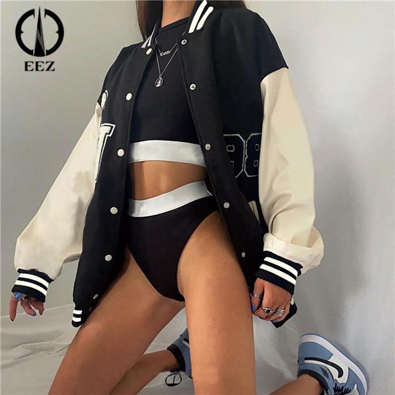 

Women's Jackets Casual Loose Pu Leather Patchwork Letter Baseball Uniform Single Breasted Jacket For Women Long-Sleeved Street Sportswear Co, Black;brown