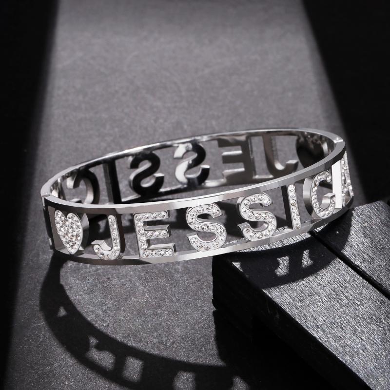 

Bangle Stainless Steel JESSICA Letter Bracelet Crystal Heart Star Cuff Rose Gold For Women Party Wedding Jewelry Gifts