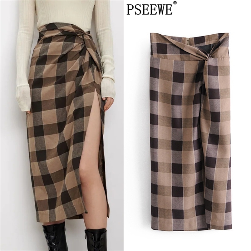 

Brown Plaid High-Waisted Skirt Women Knot Side Slit Checked Long Woman Winter Warm Elegant Vintage s 210519