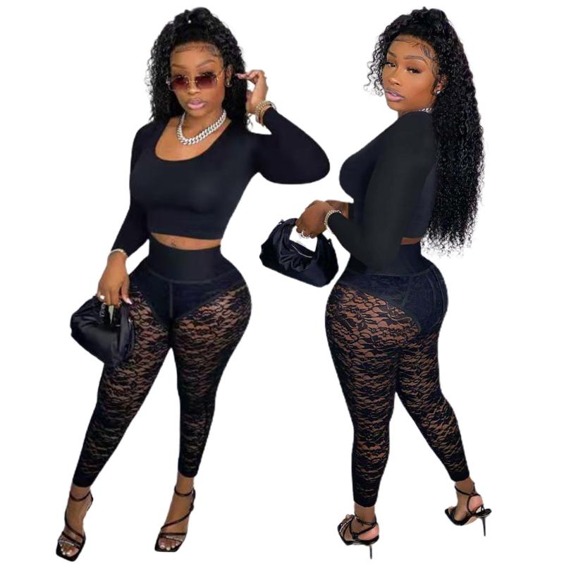 

Women' Two Piece Pants Fashion Women Solid Pice Set Sexy High Waist Lace Skinny Long Sleeve T Shirt Crop Top Autumn Winter Tracksuit Clubwe, Black
