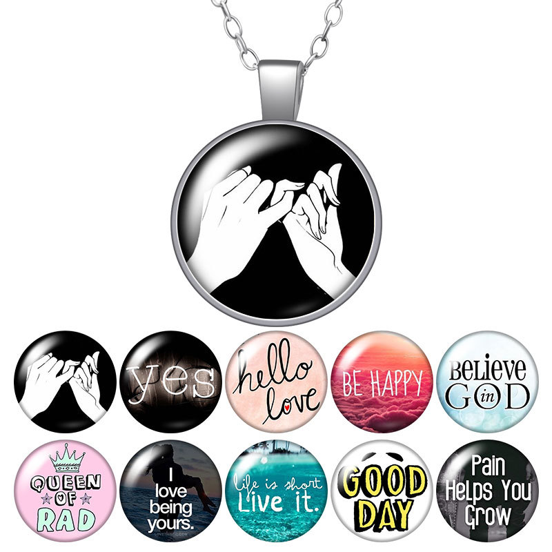 

Je T'aime Heart Deal Be Happy Believe Round Pendant Necklace 25mm Glass Cabochon Silver Plated Jewelry Women Birthday Gift 50cm