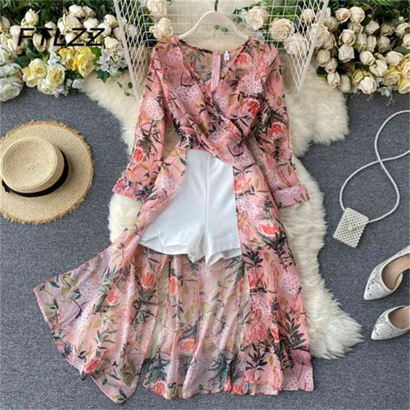 

Summer Boho Two Piece Set Lrregular Floral Printed Chiffon Blouse White Shorts Outfits Ladies Beach Suits 210602, Pink