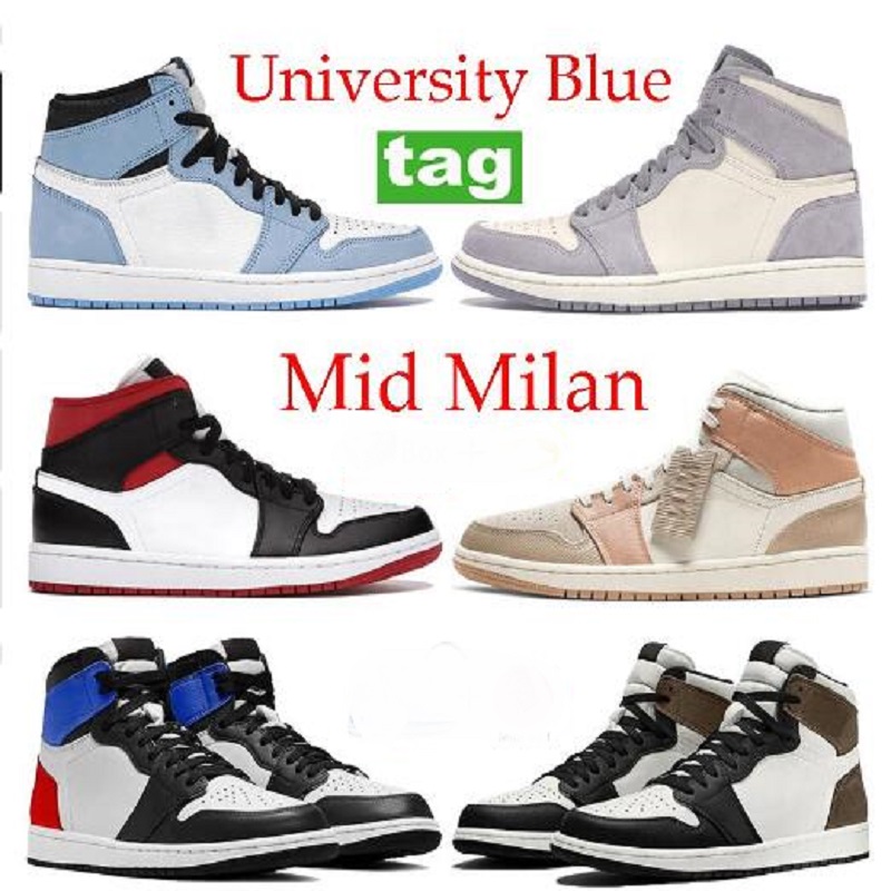 

2021 University Blue High Mid basketball shoes Chicago Silver Toe Dark Mocha Light Smoke Grey Gym Red Black White sneakers men women trainers, # 28