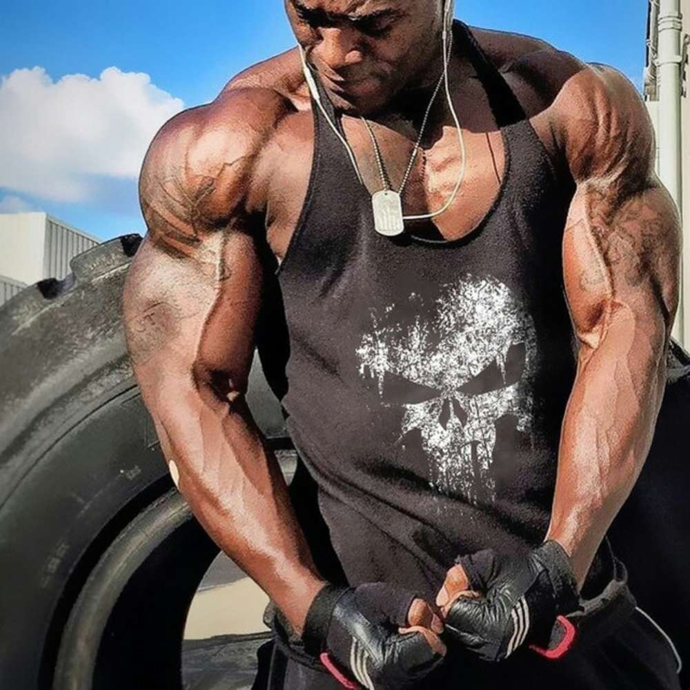 

tops Summer sports leisure cotton I-shaped sling men' breathable sleeveless muscle captain fitness vest, White;black
