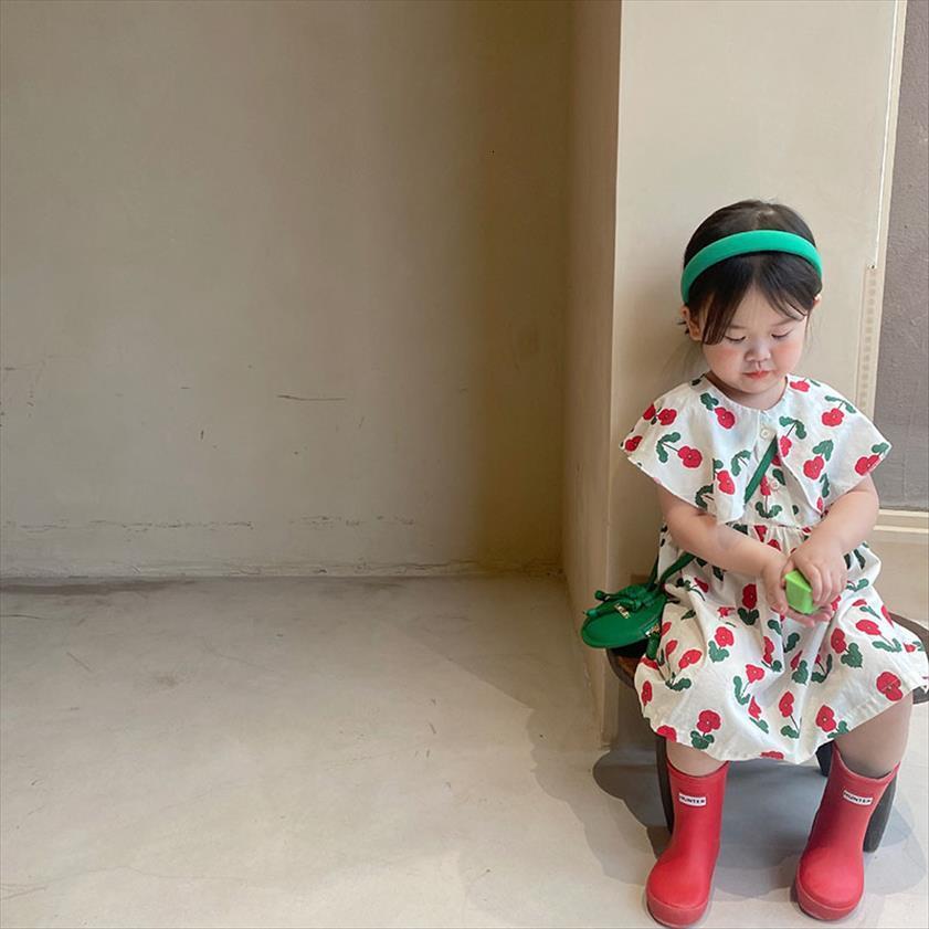 

Summer Kids Clothes Floral Girl Dress Turn Drown Girls One Piece Korean Children Outfits, Red;yellow