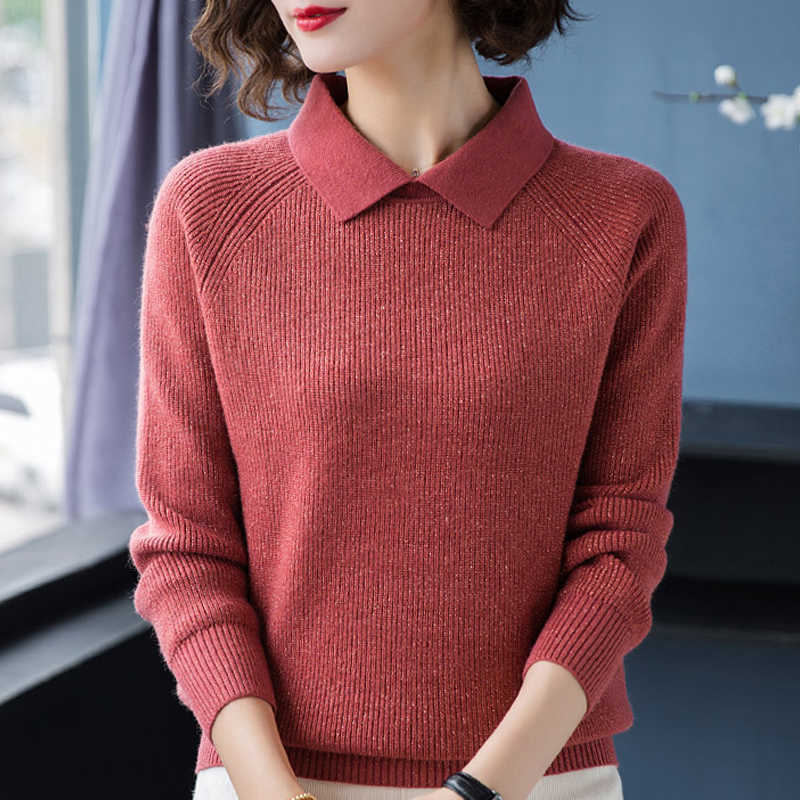 

Autumn Long Sleeve Women Sweater s For Clothes Tops Turn Down Collar Knitted Pullover D709 210602, Beige