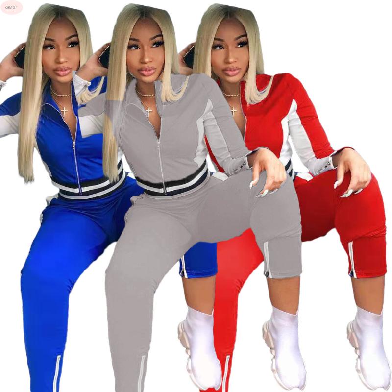 

Women' Two Piece Pants H8081 European And American Clothing Autumn Style Solid Color Stitching Trousers Slits Zipper Casual Two-piece Suit, Blue