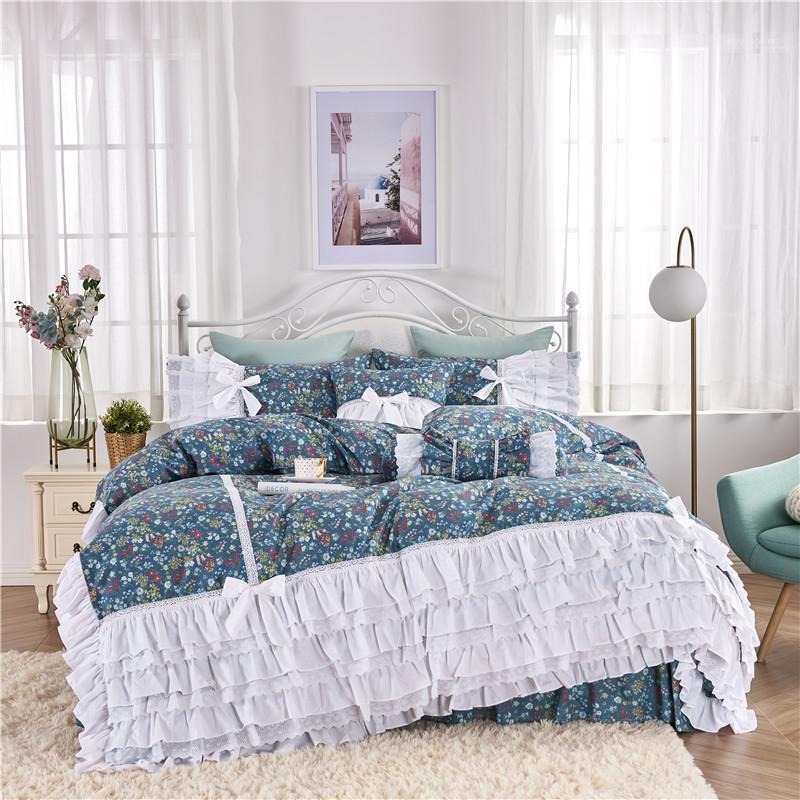 

Bedding Sets Korean Princess Lace Embroidery Blue Floral Skirt-style Cake Layers Ruffles Set Pure Cotton Pillow Sham Duvet Cover1, As pic