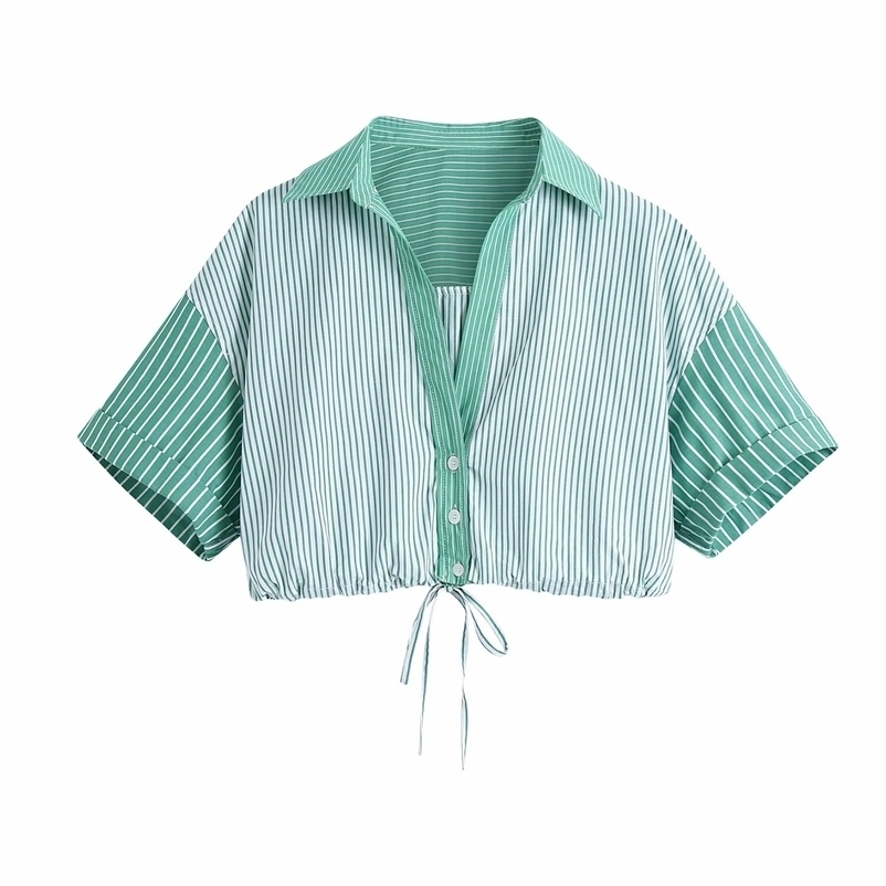 

Summer Women Shirt Striped Short Sleeves Turn-Down Collar Cropped Chic Lady Fashion Casual Clothes 210517, Green