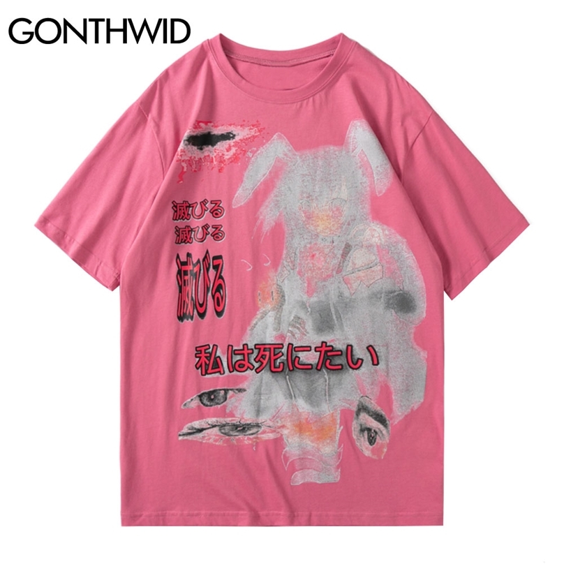 

T-Shirts Japanese Style Rabbit Girl Print Tshirts Streetwear Harajuku Hip Hop Fashion Casual Short Sleeve Loose Tops 210602, White