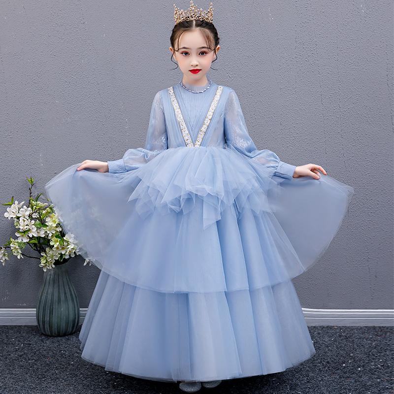 

Girl's Dresses Flower Girl Crystal Sequined Beading High Pleat Pearls Blue Princess Floor-Length Tulle Lace Full Kids Party Gown H246