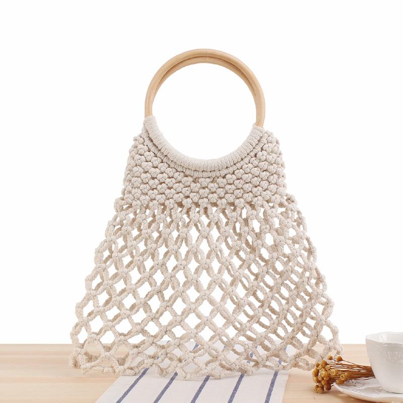 

Pure Color Woven Tote Trendy Female Mori Style Straw Degrees Handmade Cotton String Net Pocket Beach Bag Shoulder Bags, Black