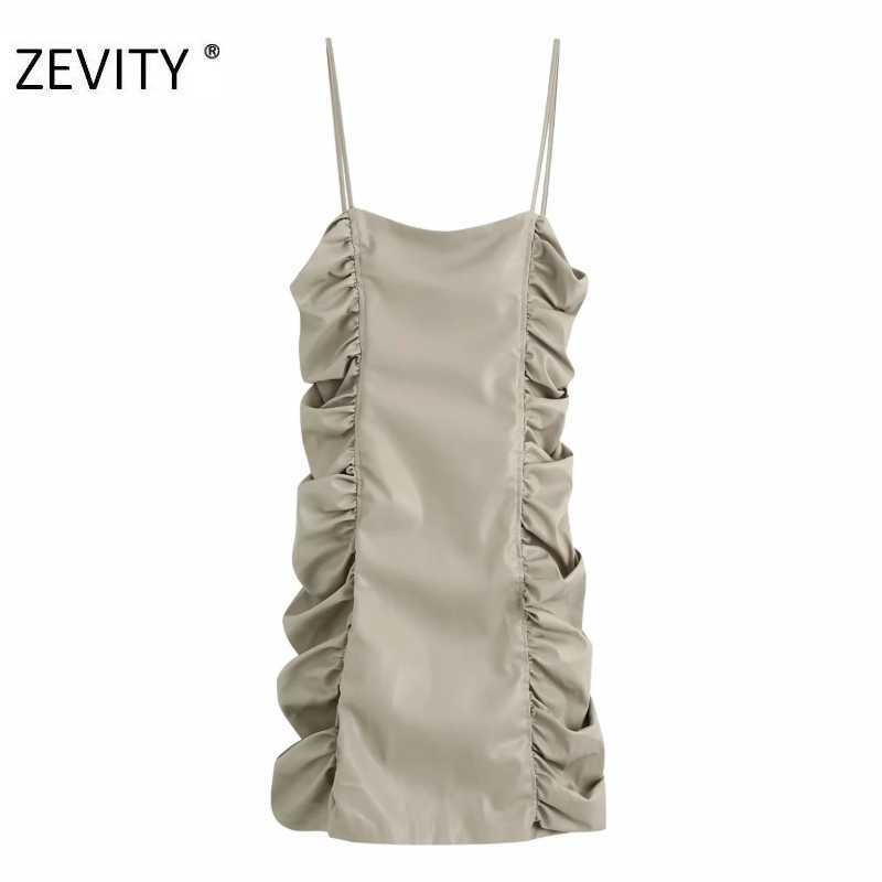 

ZEVITY women sexy spaghetti strap pleated PU leather dress female back zipper slim sling vestido chic brand dresses DS4419 210603, As pic ds4419bb