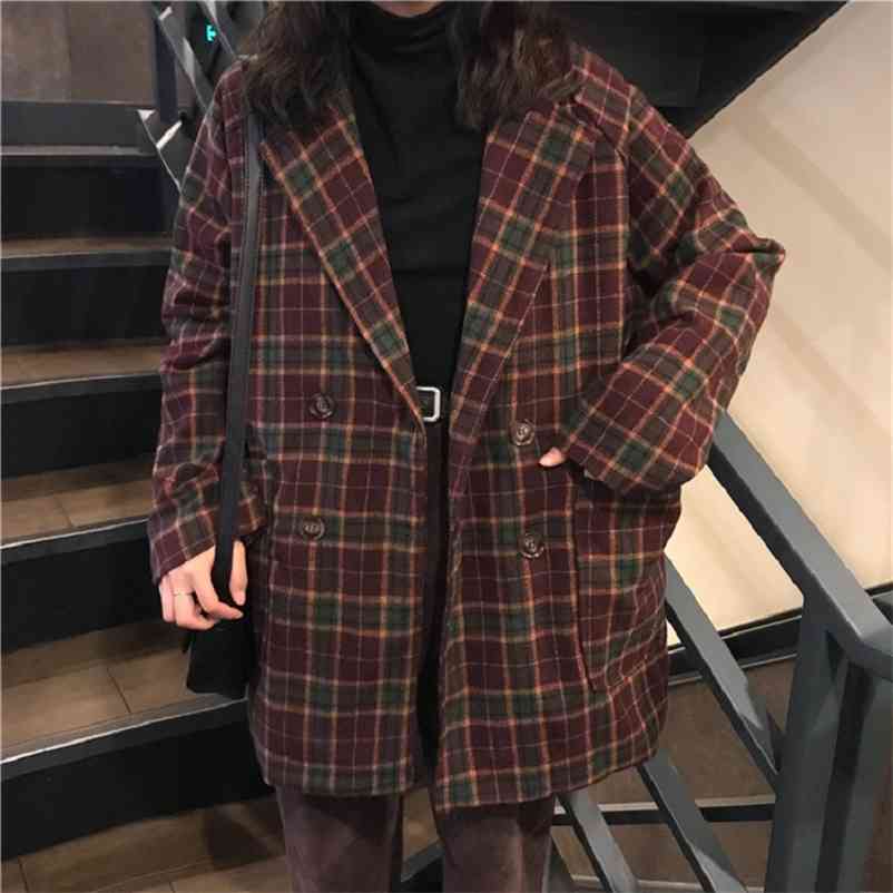 

Korean ulzzang loose plaid woolen coat female autumn ins Harajuku vintage fashion suit collar button casual women's jacket 210608