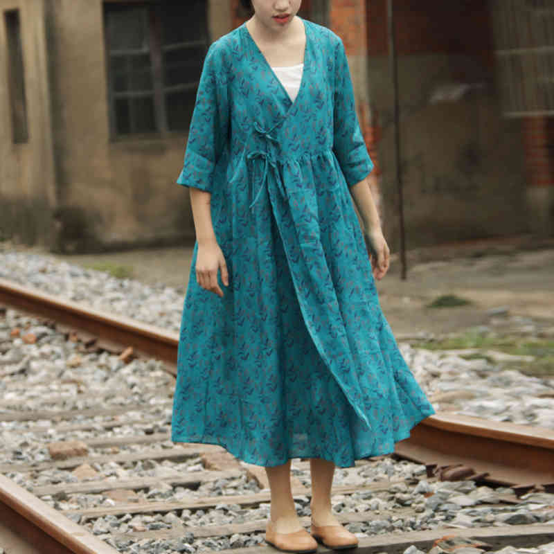 

Johnature Women Ramie Belt Dresses V-Neck Seven Sleeve Robes High Waist Robes Spring Vintage Chinese Style Dresses 210521, Mixed color