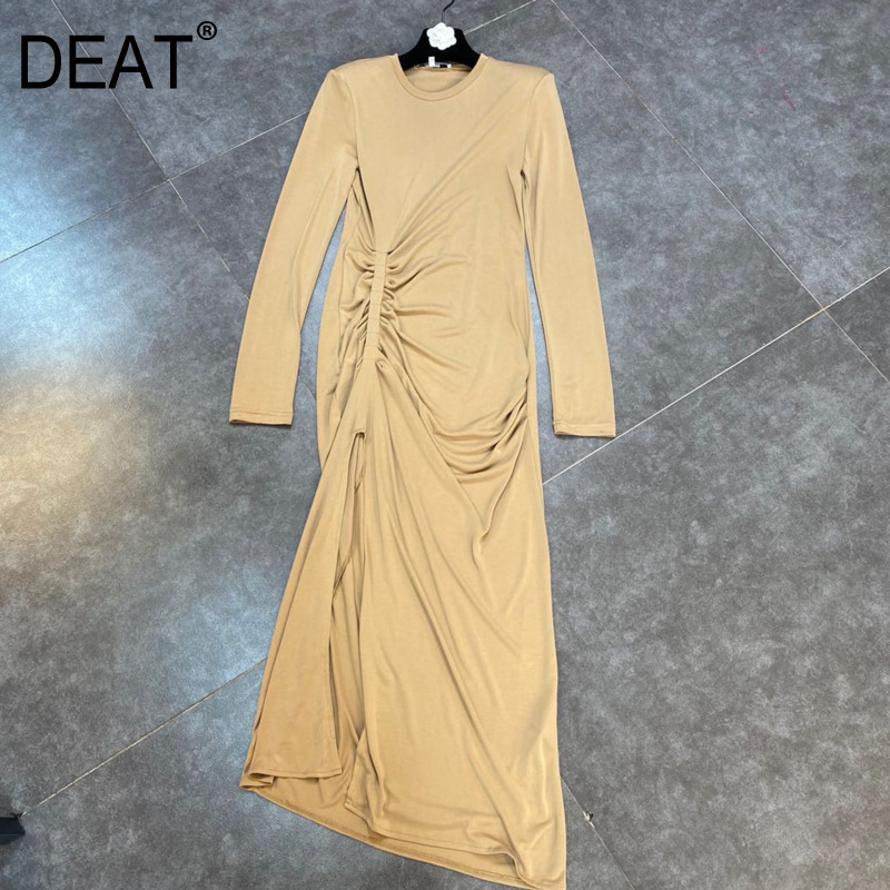 

Women O-neck Dress Fashion Spring Summer Ladies Solid Color Elastic Slim HR464 210525, Camel
