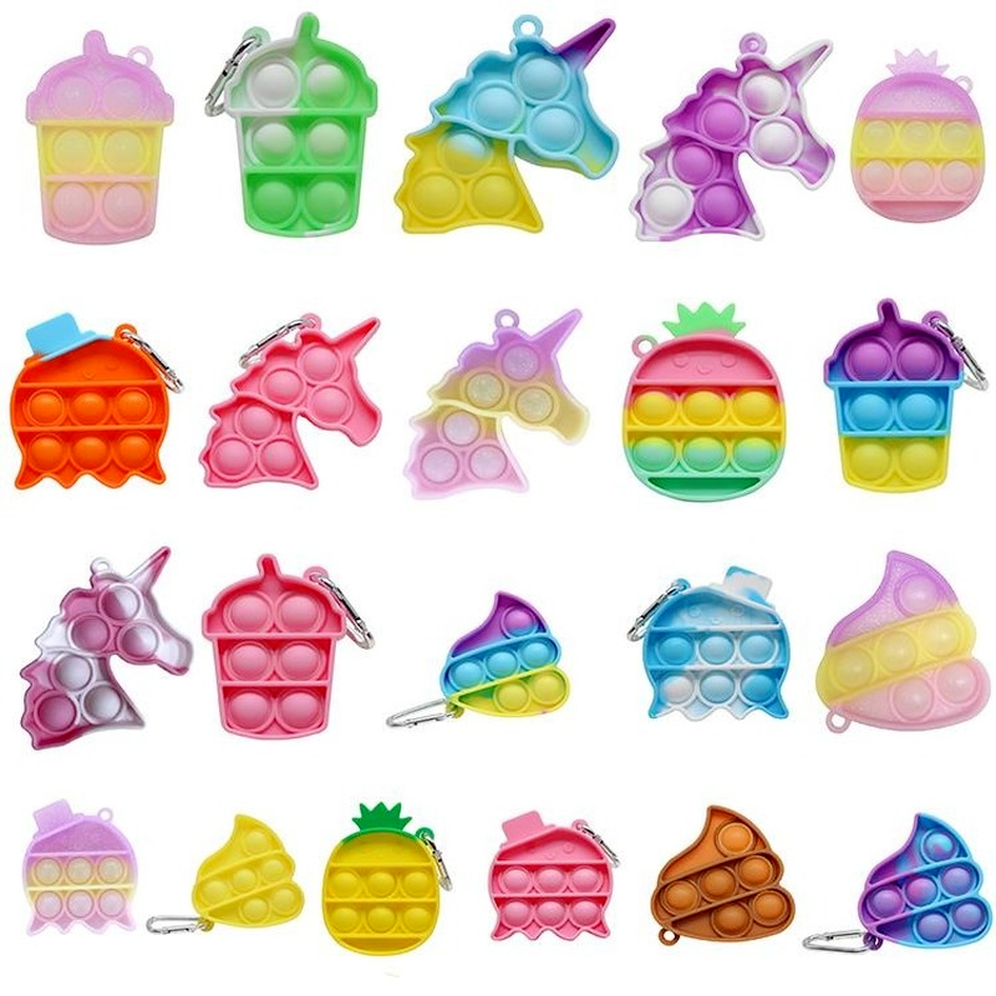 

US Stock, mini Fidget toy finger push Bubble Keychain Cute Unicorn Pineapple animal anti Stress Relief Toys Key Ring holder pendant