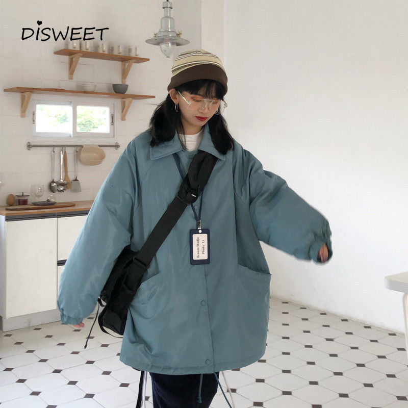 

down Thicken Solid Woman College Style Loose Long-sleeved Single-breasted Parkas Women Winter Warm Slim Women's Jacket, Black
