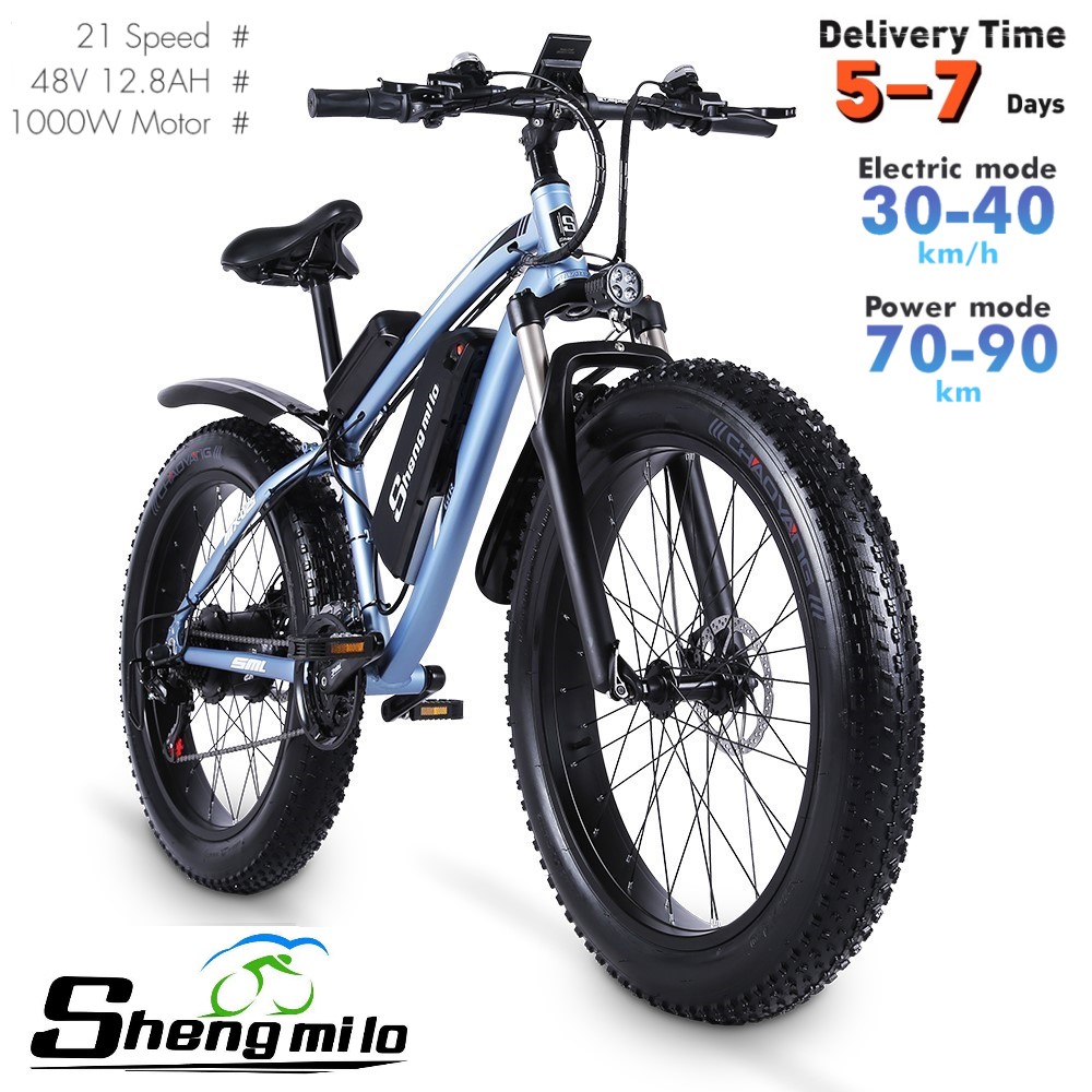 

EU Shengmilo MX02S 26 Inch Electric 1000W Mountain Bike 40KM/H City Fat Tire Bicycle 17Ah Lithium-battery Adult Ebike Pedal Assist, 26 inches blue
