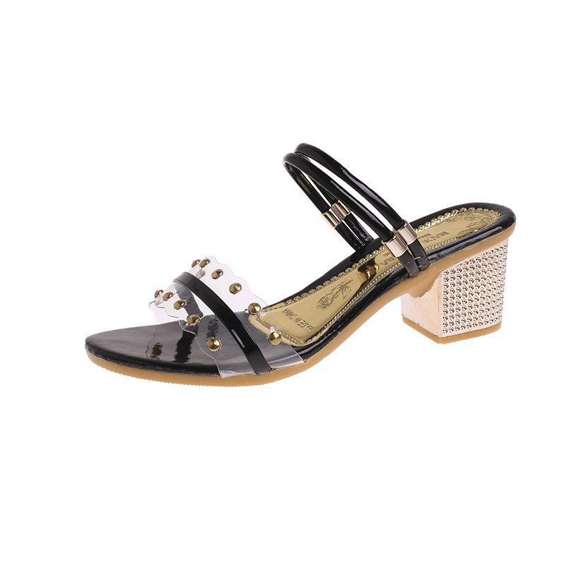 

Sandals Women 2021 Summer Women's Mid-heel Thick Heel One Shoe Two Wear Slippers Fashion Bright Diamond Female, Black