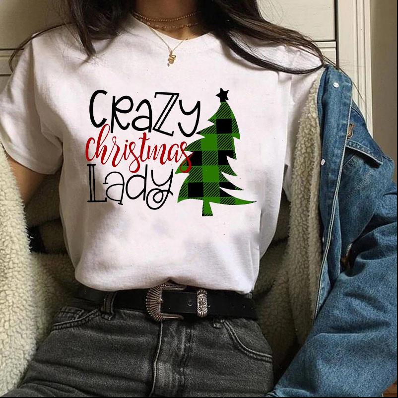 

womens fashion crazy lady plaid tree holidays merry christmas t shirt female tee camisas mujer tshirt women, White