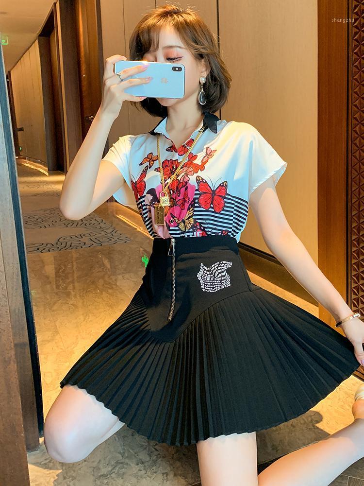 

Women' Tracksuits Trendy Younger Fashion Letter Zip Front Panel Pleated A- Line Overskirt Summer Style, Black