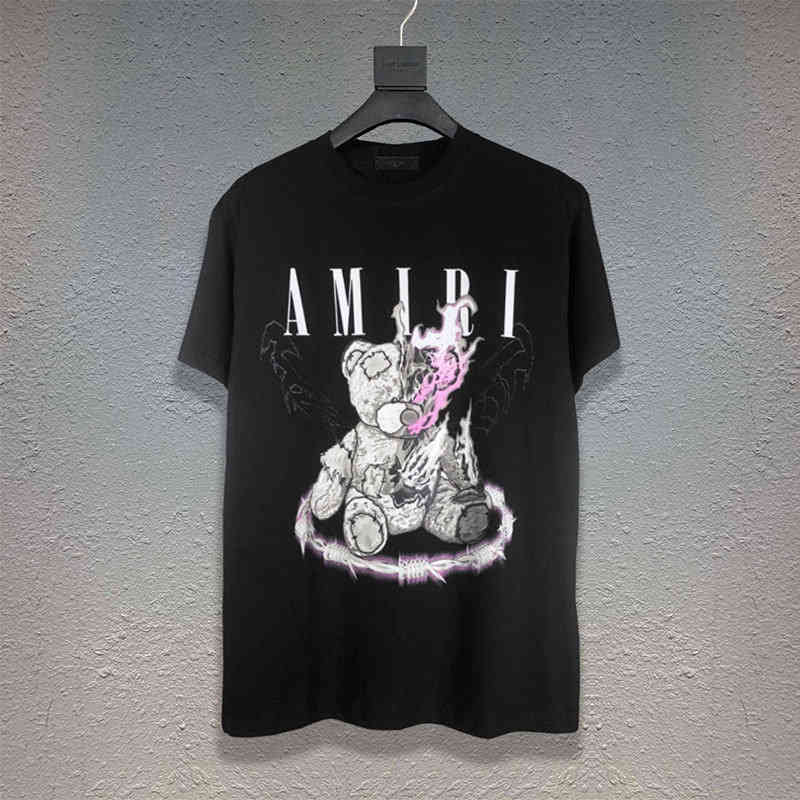 

2022 street fashion New Us Am iri Teddy Bear Print Ins Casual Hip Hop High Street Short Sleeve T-shirt for Men and Women 477, White