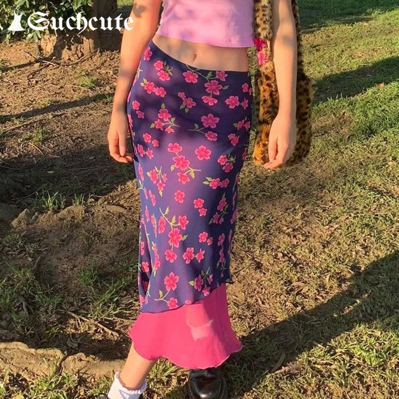 

Casual Dresses Summer Streetwear 2000s Aesthetic Flower Print Long Skirt For Women High Waisted Patchwork Cute Harajuku 9PLH, Pink