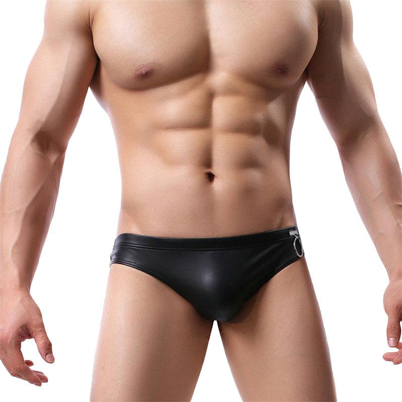

Men Underpants Black Patent Leather Briefs Sexi Underwear Man Bikini Sexy U Convex Gay Low-rise Sissy Lingerie For