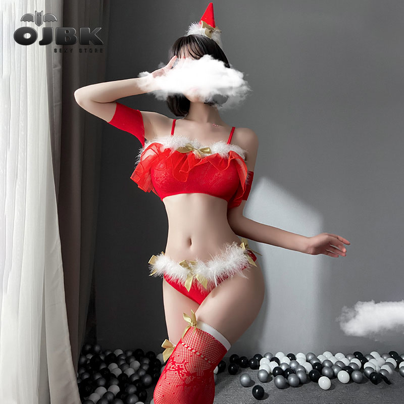 

OJBK Sexy Lingerie Red Christmas Fishnet Bodysuit For Women Bra Set Cosplay Costumes Hollow out Outfit Temptation Underwear Set