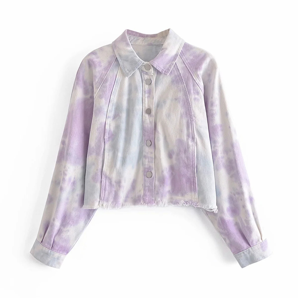 

BBWM Fashion Women Denim Long Sleeves Lapel BF Style Jacket Spring Elegant Tie-Dye Purple Powder Loose Casual Short Jackets 210520, Multi
