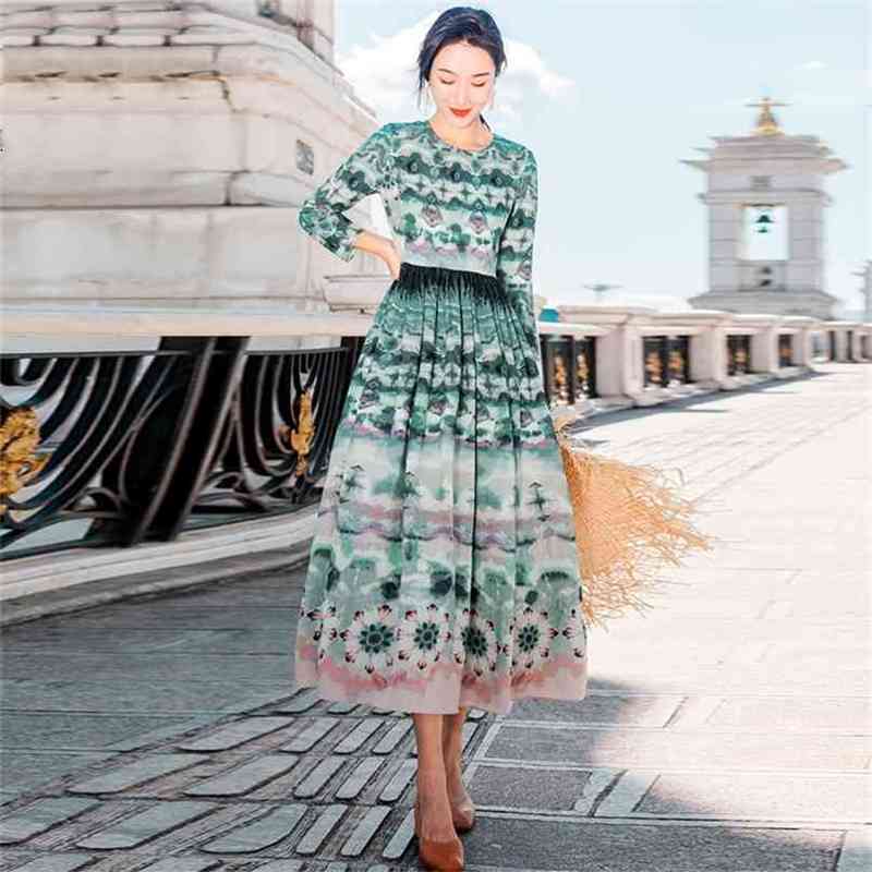 

Vintage Summer O-neck Mid-calf Fit and Flare Three Quarter Green Beach Dress Maxi Print Chiffon Long Women 210603, Blue
