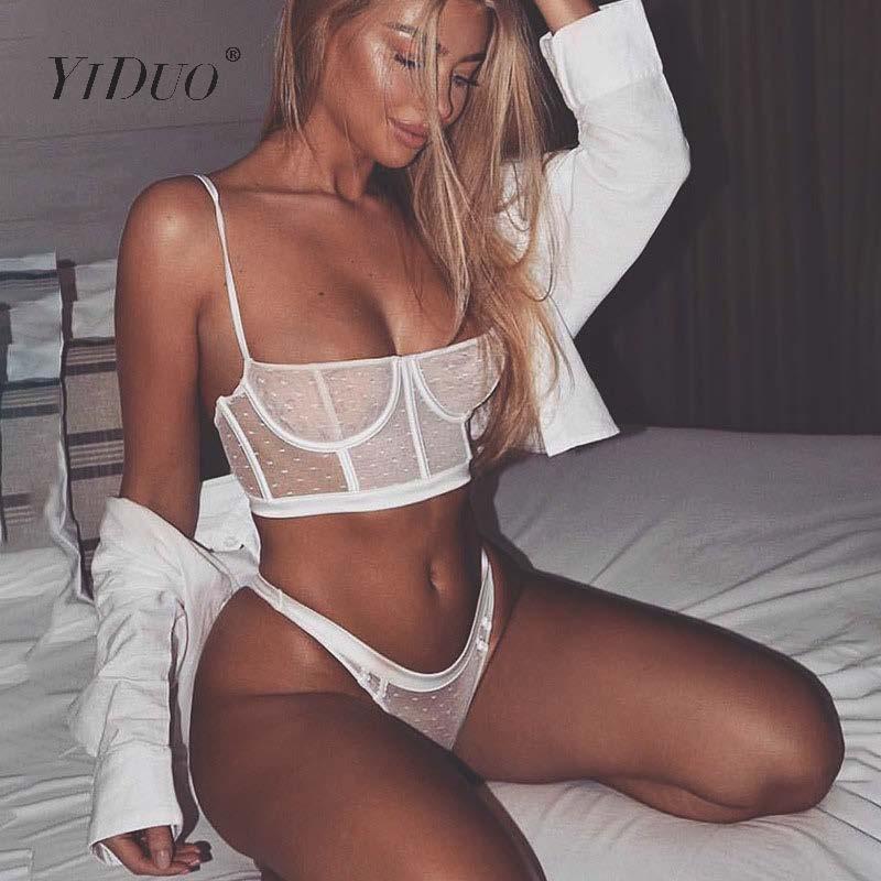 

YiDuo 2 Piece Bra And Panty Set Women Sexy 3/4 Cup Bodycon Intimates Lingerie Bralette Polka Dot Mesh Brief Black Women' Tracksuits, White