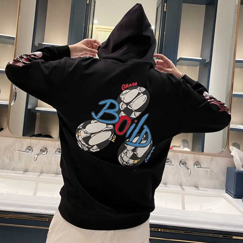 

Fashion Brand Round Neck Men's Hooded Autumn Ins Spring and Autumn Coat Loose Trend Versatile Sweater, Black