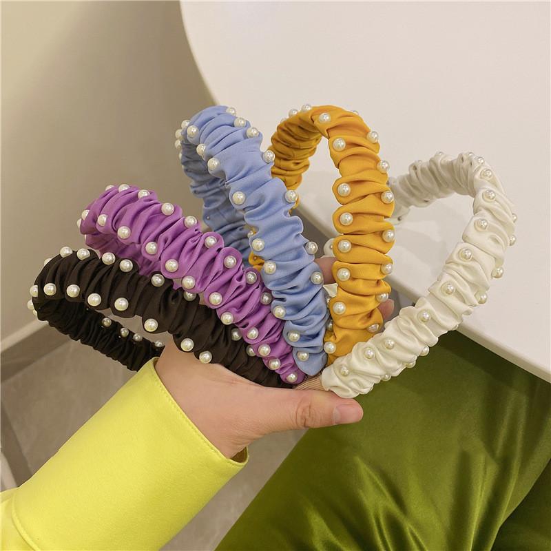 

Hair Clips & Barrettes AOMU Summer Sweet Retro Yellow Blue Fabric Imitated-Pearl Hairpin Smooth Irregular Elastic Geometric Wide Headband Fo