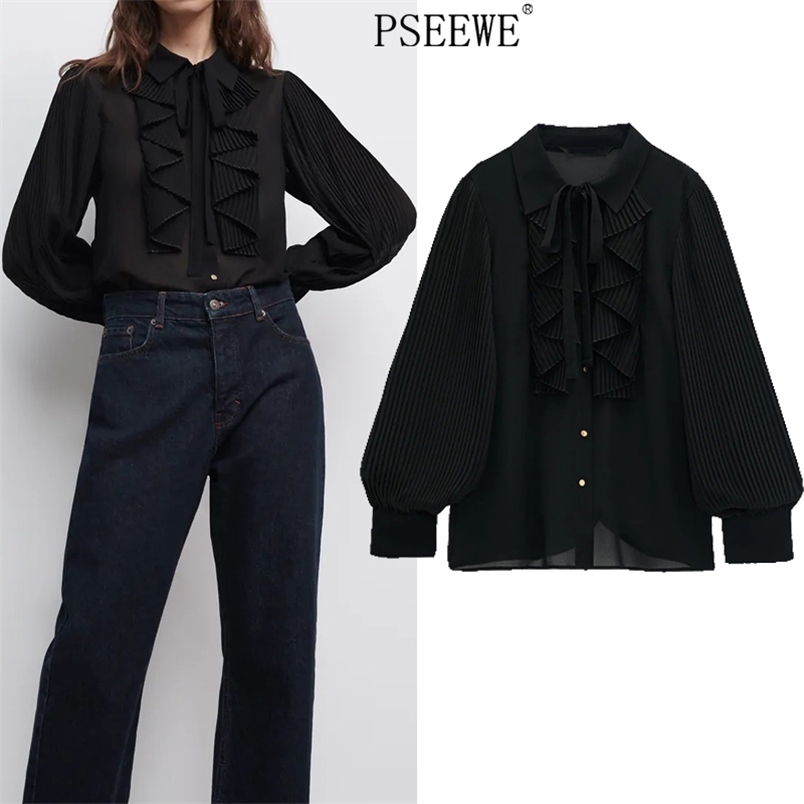 

Ruffle Black Chiffon Blouse Women Fashion Pleated Long Sleeve Top Female Chic Bow Tied Collared Button-Up Shirt 210519
