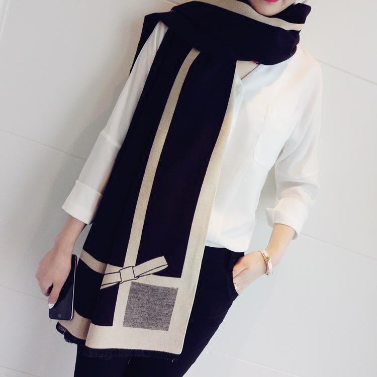 

Scarves Korean Bow Warm Long Shawl Dual-purpose Double-sided Thickened Student Scarf Female Winter