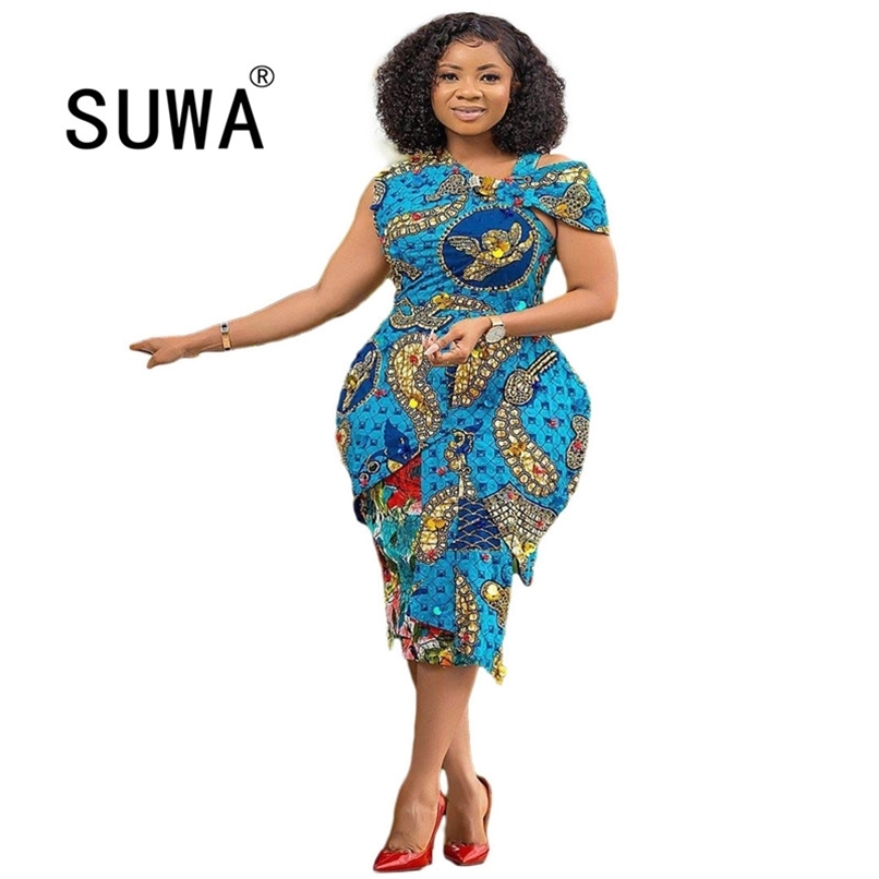 

African Midi Pencil Dresses For Women Spring Summer Flower Print Dashiki Office Retro Dress Ankara Wholesale Clothes 210525, Sky blue
