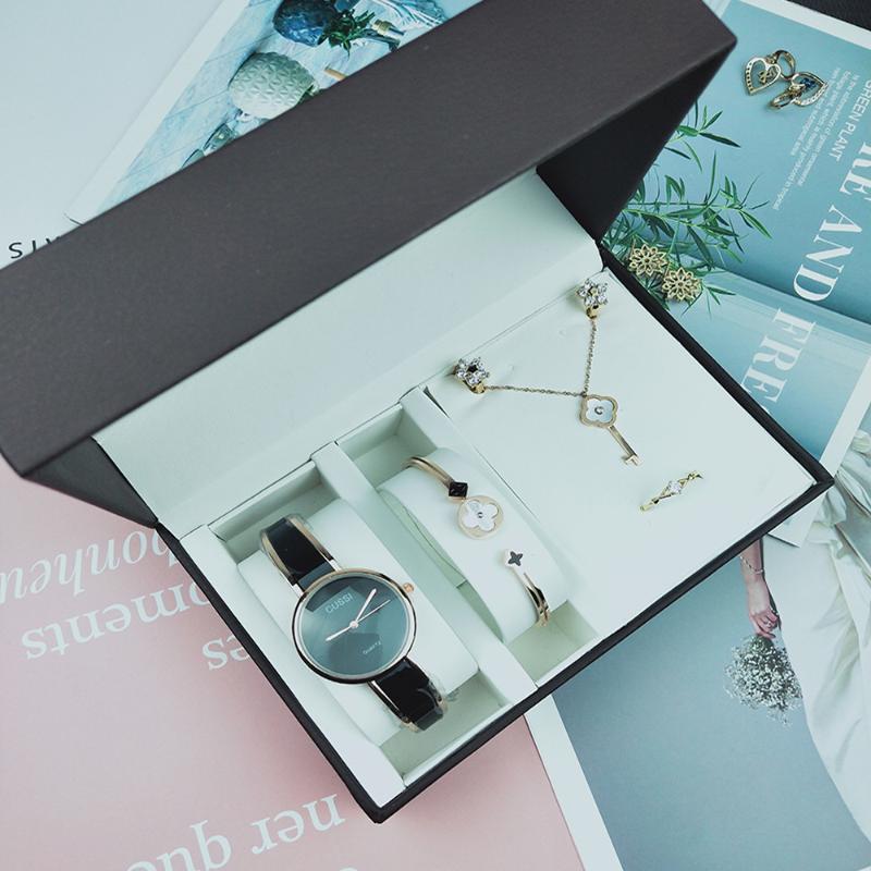 

Wristwatches 2021 Ladies Watch Luxury 5-Piece Gift Box Set Simple Decorative Stainless Steel 316 Bracelet Necklace Earrings, White