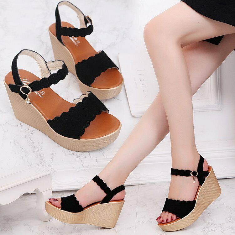 

Wholesale-Ladies Open Toe Flat Wedge Sandals Platform Ankle Strap Shoes, Beige