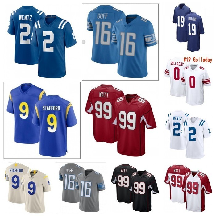 

New 2 Carson Wentz Football Jerseys 99 J.J. Watt 16 Jared Goff 19 Kenny Golladay 9 Matthew Stafford Stitched White Blue Red Black Grey, Black;red