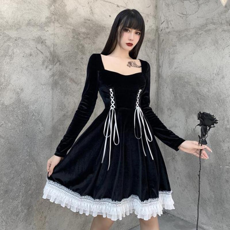 

Casual Dresses Harajuku Black Velvet Long Sleeve Lace Up Winter Dress Women 2021 Lady Gothic Streetwear Vintage Patchwork Mini