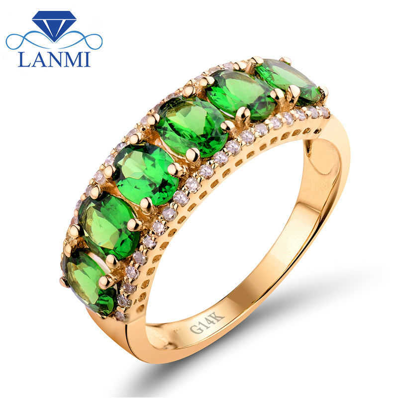 

Solid 14K Yellow Gold Natural Green Tsavorite Gemstone Anniversary Ring Real Diamond Fine Jewelry Women Gift