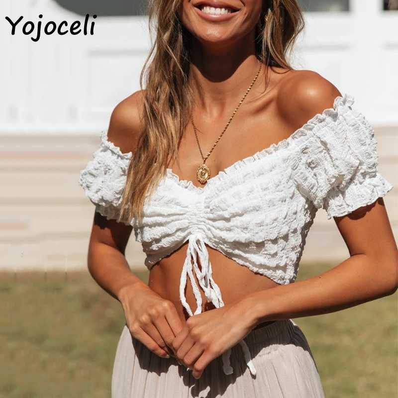 

Yojoceli sexy shirred off shoulder blouse cropped tops female blusas 210609, White